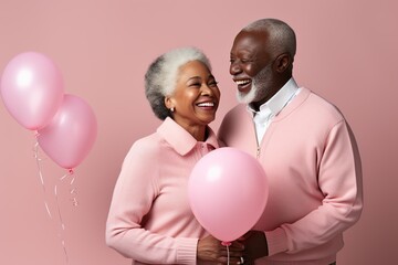 Senior afro couple holding pink balloon. AI Generated.