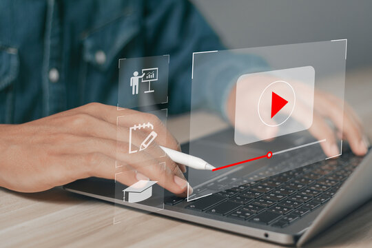 E learning technology concept. Student using computer laptop to e-learning online education for  internet lessons and online webinar.