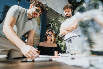 Business professionals strategize for sustainable growth and discuss budget management, sales strategies, and product development in an urban setting. Collaborating outdoors concept.