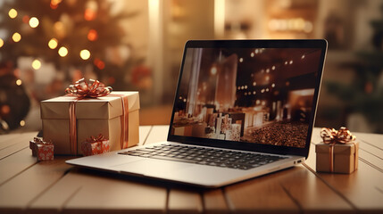 Shopping for Christmas gifts online, online shop for Christmas with laptop and technology, table with gifts and presents - obrazy, fototapety, plakaty
