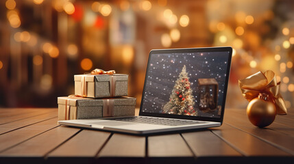 Naklejka na ściany i meble Shopping for Christmas gifts online, online shop for Christmas with laptop and technology, table with gifts and presents