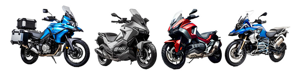 Collection of touring motorcycles on transparent background PNG. Motorcycle touring concept.