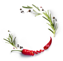 Keuken spatwand met foto mexican frame border Fresh green organic rosemary leaves and red hot chilli pepper isolated on white background. Transparent background and natural transparent shadow  Ingredient, spice for cooking. c © Konstiantyn