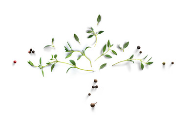 Collection of fresh herb leaves. thyme  and peper Spices, herbs on a white table. PNG Food...