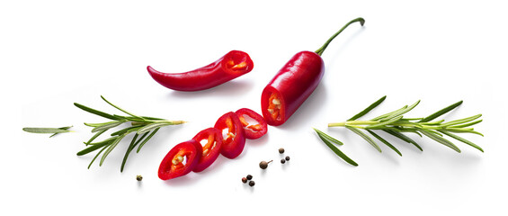 Fresh herb rosemary and mexican red chilli pepper isolated on white background. Transparent background and natural transparent shadow; Ingredient, spice for cooking. collection for design
