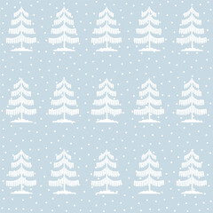 Christmas tree seamless pattern. Winter forest in snow Noel print, New year holidays decoration, blue background with fir tree, wallpaper, wrapping paper design, decor, gift wrap.