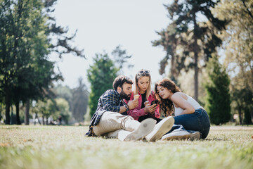 Carefree friends enjoy ice cream in a sunny park, laughing and socializing, surrounded by nature. Positive energy and joyful moments characterize their leisure time together.