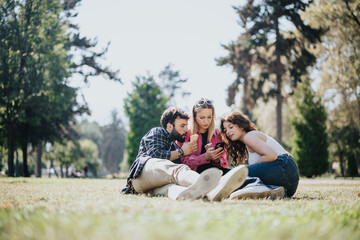 Fototapeta premium Carefree friends enjoy ice cream in a sunny park, laughing and socializing, surrounded by nature. Positive energy and joyful moments characterize their leisure time together.