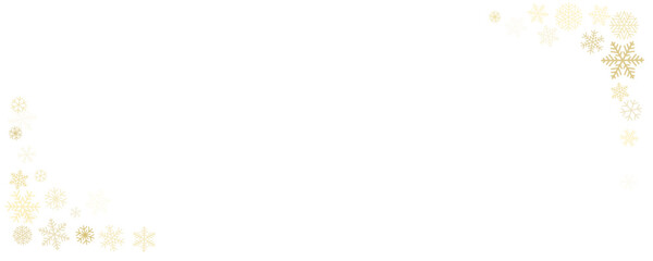 Christmas snowflakes corner background. Winter gold snow frame minimal decoration, greeting card. Noel subtle backdrop. Vector illustration