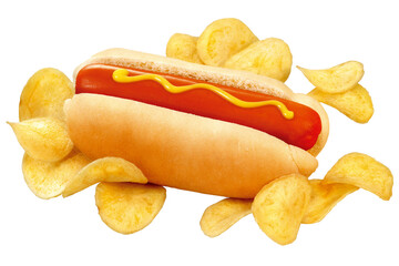 hot dog com molho de mostarda amarela acompanhado de batatas chips isolado em fundo transparente -...