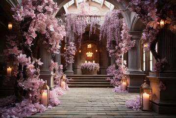 Beautifully decorated room for a wedding ceremony, decorated with purple wisteria flowers, candles in a classic style