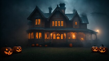 Fototapeta na wymiar haunted mansion with scary jack-o-lanterns by Generative AI