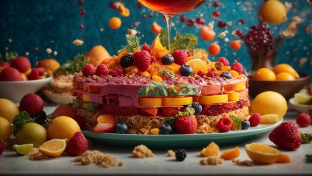 Food art with an assortment of fruits, vegetables and nuts by Generative AI