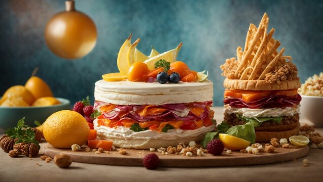 Food art with a medley of cake layers and fruits by Generative AI