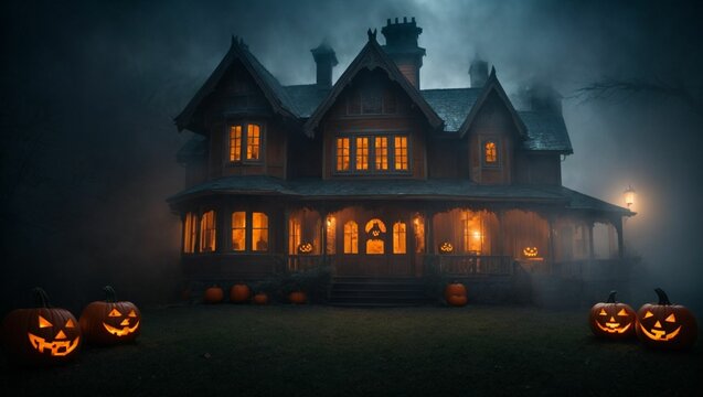 haunted mansion with scary jack-o-lanterns by Generative AI