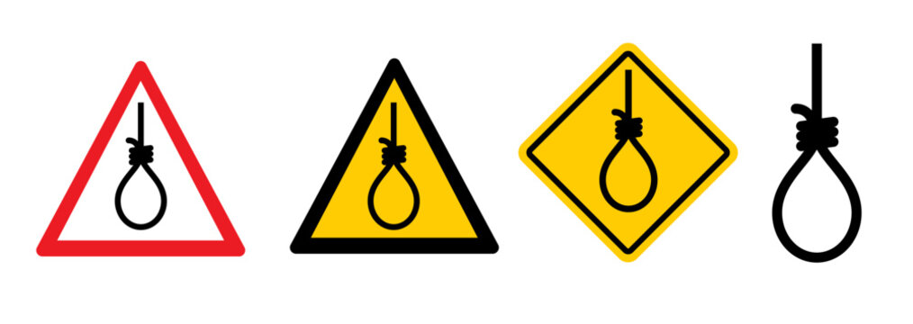 Attention, suicide prohibition sign. Gallows with rope noose. Stop gallows hanging, warning, attention icon. Psychological, help concept. Hangman-hazard symbol, death penalty, hangmans noose knot