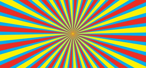 Yellow, red rays banner. Ray star burst background or television vintage. Rays light. Vintage pop background. Retro art, sunburst, flare, beam. Glow bright pattern. Sunbeam, starburst, sunburst sign