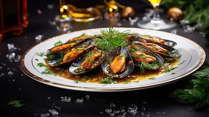 Plate of Boiled Mussels Decorated with Herbs - Close-Up