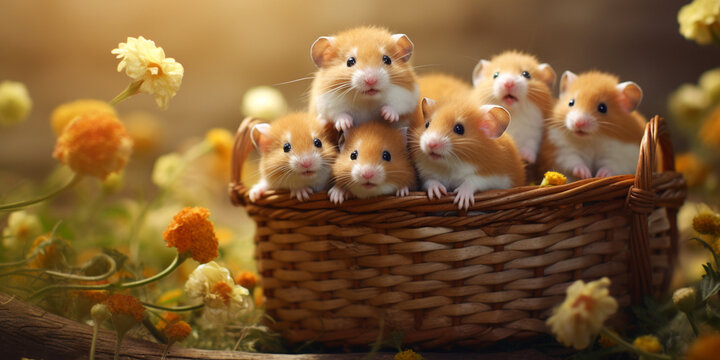 cute hamsters in a basket on a natural background