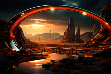 Futuristic sunset landscape with landscape and illuminated by neon bright metal