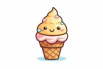 Kawaii ice cream cone with a waffle cone hat, white background. AI generated