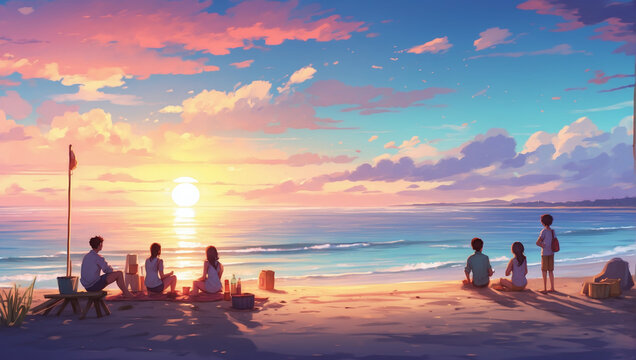 A beachfront sunset, with a bonfire and friends gathered around as the day comes to an end, Anime Style.