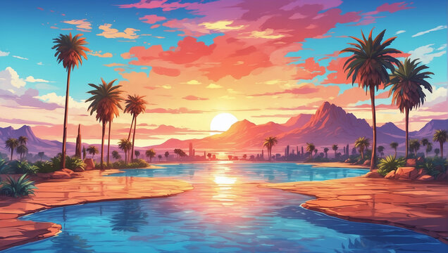 A sky with a fiery desert oasis sunset, highlighting palm trees and a shimmering pool, Anime Style.
