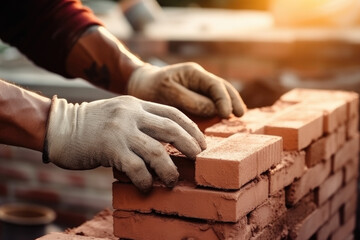 Construction worker's hands building a brick wall