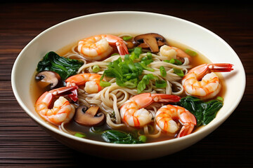 Asian noodle soup with mushrooms, shrimp, bok choy and pepperoni on wooden table, Closeup