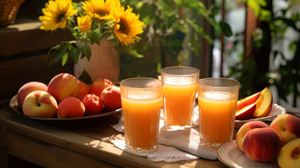 glasses of fresh peach juice on a wooden table in the garden - obrazy, fototapety, plakaty