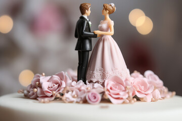 Closeup of toy miniature bride and groom on a cake