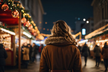 Obraz premium woman enjoying the view of the christmas fair at night in the city at xmas eve back view