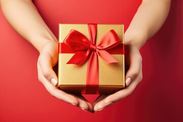 woman hands holding a gold gift box with red ribbon.