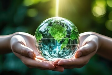 Hands holding glass globe world In green forest with warm sunlight. earth day environment conservation concept. - obrazy, fototapety, plakaty