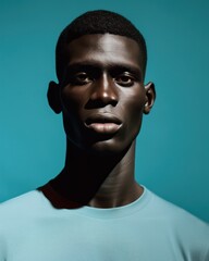 An African man with black skin is seen wearing a blue shirt in the image.