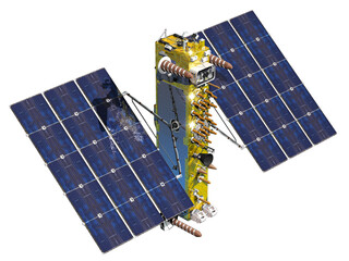 Modern navigation space satellite GLONASS-K2 isolated on transparency background, PNG format. 3D render