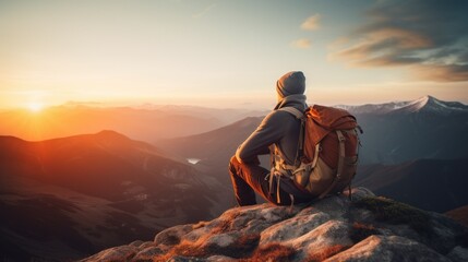 A man sitting on a mountain top gazing at the sun with a backpack on his back.