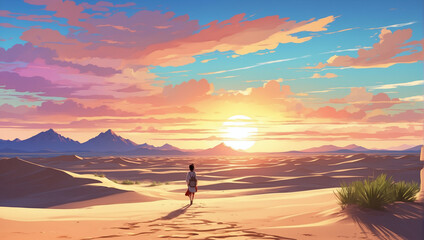 Dramatic sunset in the desert, with the sun setting behind sand dunes and casting long shadows, Anime Style.