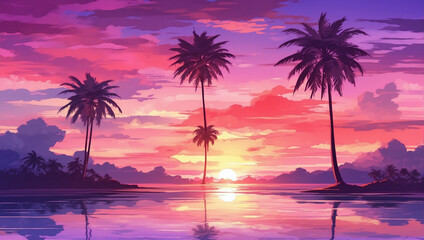 Ethereal tropical sunset, with palm trees silhouetted against the brilliant red and purple sky, Anime Style.