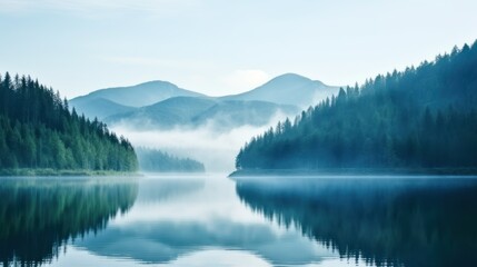 Foggy landscape showcasing serene lake amidst verdant trees and towering peaks.