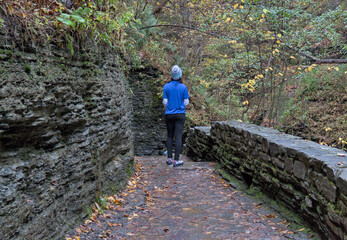 woman walking on a trail in watkins glen state park (shot from behind, unrecognizable) wearing bright blue t-shirt, winter hat, dark pants (autumn, leaves changing colors, gorge waterfall trail hike)