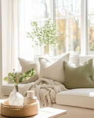 A minimalist photography of a white couch, accentuated by soft pillows and complemented by a simple coffee table.
