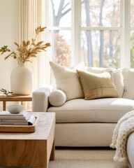 Fototapeta premium A minimalist photography of a white couch, accentuated by soft pillows and complemented by a simple coffee table.