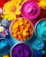 Obraz na płótnie Canvas Vibrant hues of Holi powder dance in bowls against a serene backdrop, creating a vivid celebration of colors.