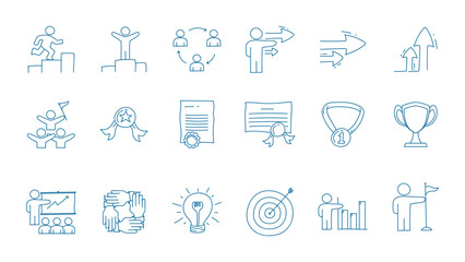 Success business career doodle icon collections. Business line icon set.