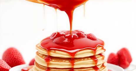 Stack of pancakes drizzled with honey on Levitating strawberry, nature lights bokeh background