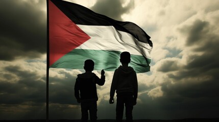 AI generated illustration of two young boys silhouetted near a Palestinian flag - obrazy, fototapety, plakaty