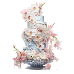 opulente fantasie Torte mit vielen Blumen in hellblau creme und pink - obrazy, fototapety, plakaty