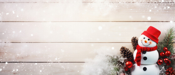 Christmas background with snowman and gift on wooden table with snow. christmas card.