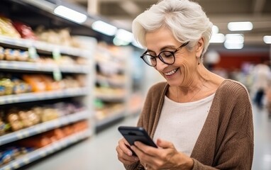 An elderly woman smiling at a supermarket with a cell phone in her hand